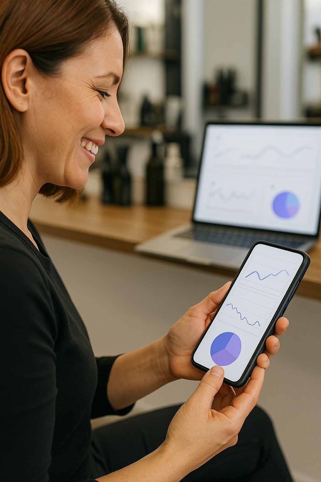 Business owner viewing GrowthAI analytics on mobile and desktop showing charts and performance metrics